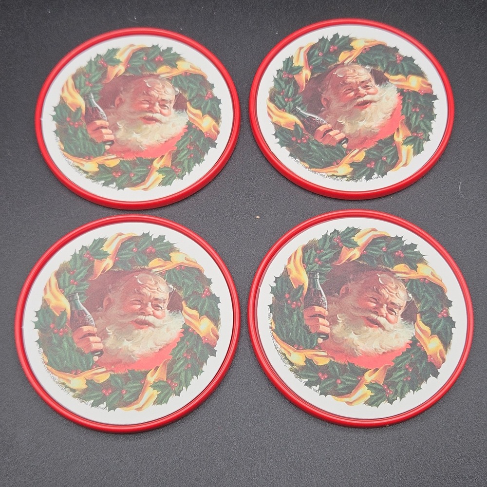 Vintage 1997 Coca-Cola Santa Claus Christmas Coasters Set of 4 Red Plastic